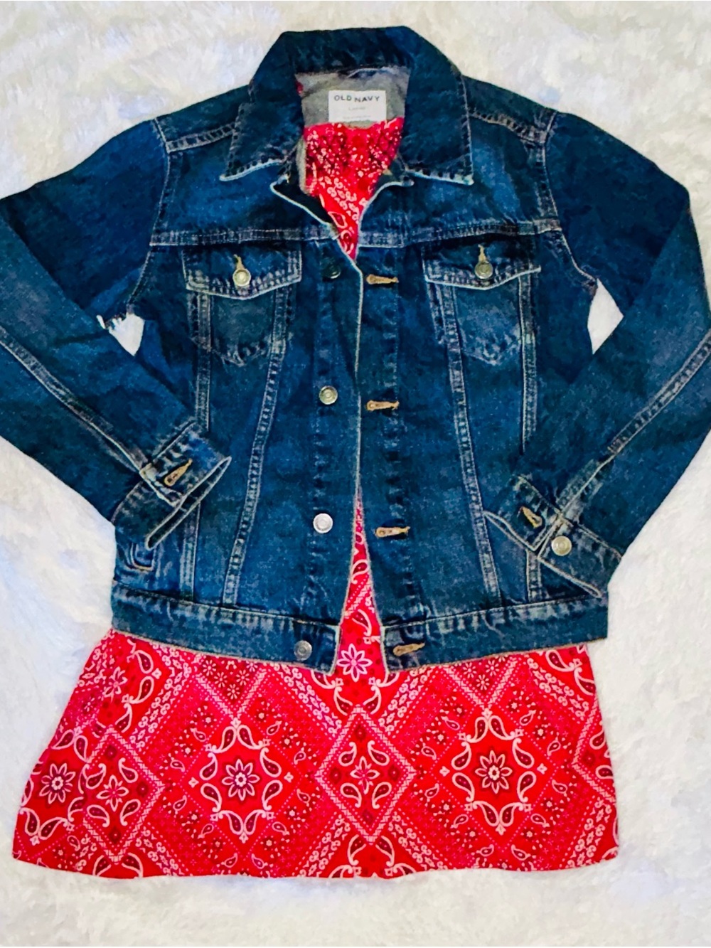 Girls Dark Blue Denim Jacket with Red Bandana-Lined Dress Size L 10/12